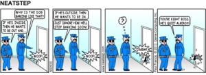 Dog locked out, barking at office door. The Neatstep webcomic series: parking, office humor.