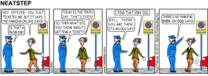 Neatstep and person argue about parking sign. The Neatstep webcomic series: dogs, parking.