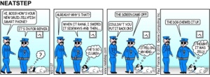 Boss drops new smartphone and Dog eats it. The Neatstep webcomic: tech humor.