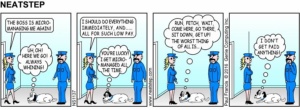 Shoedrop and Dog complain of micro-management. The Neatstep webcomic: office scenes.
