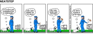 Dog walking signs in littered park. The Neatstep webcomic: street patrol.