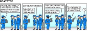 Boss reveals new visitor tourism guides. The Neatstep webcomic: street patrol.